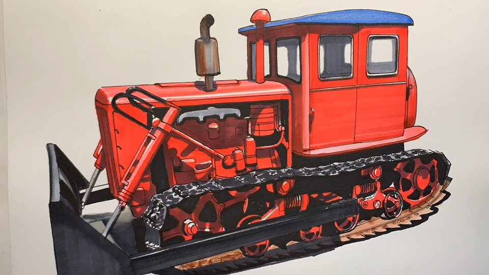 手绘东方红第一代拖拉机推土机