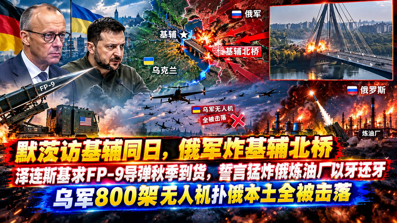 默茨访基辅同日，俄军炸基辅北桥 泽连斯基求FP-9导弹秋季到货，誓言猛炸俄炼油厂以牙还牙 乌军800架无人机扑俄本土全被击落