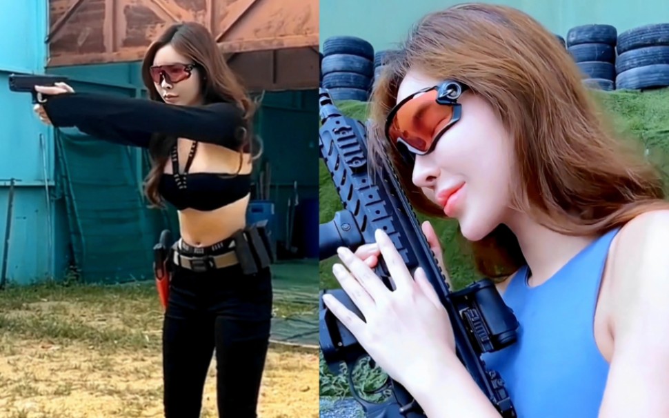 国外正规射击靶场内美女真枪实弹练射击!太酷了!