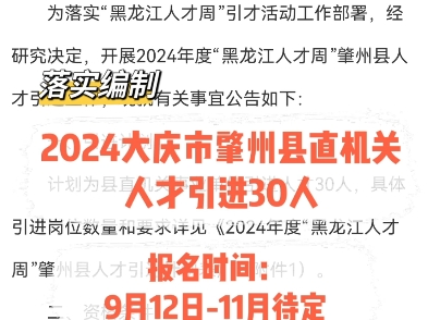 落实编制!2024大庆肇州县直机关人才引进30人.报名时间:9月12日11月待定哔哩哔哩bilibili