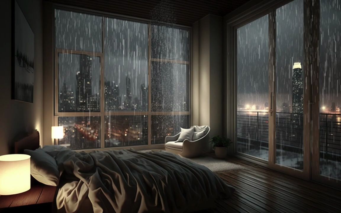 放松的钢琴 大雨落在卧室窗户上 夜晚在城市