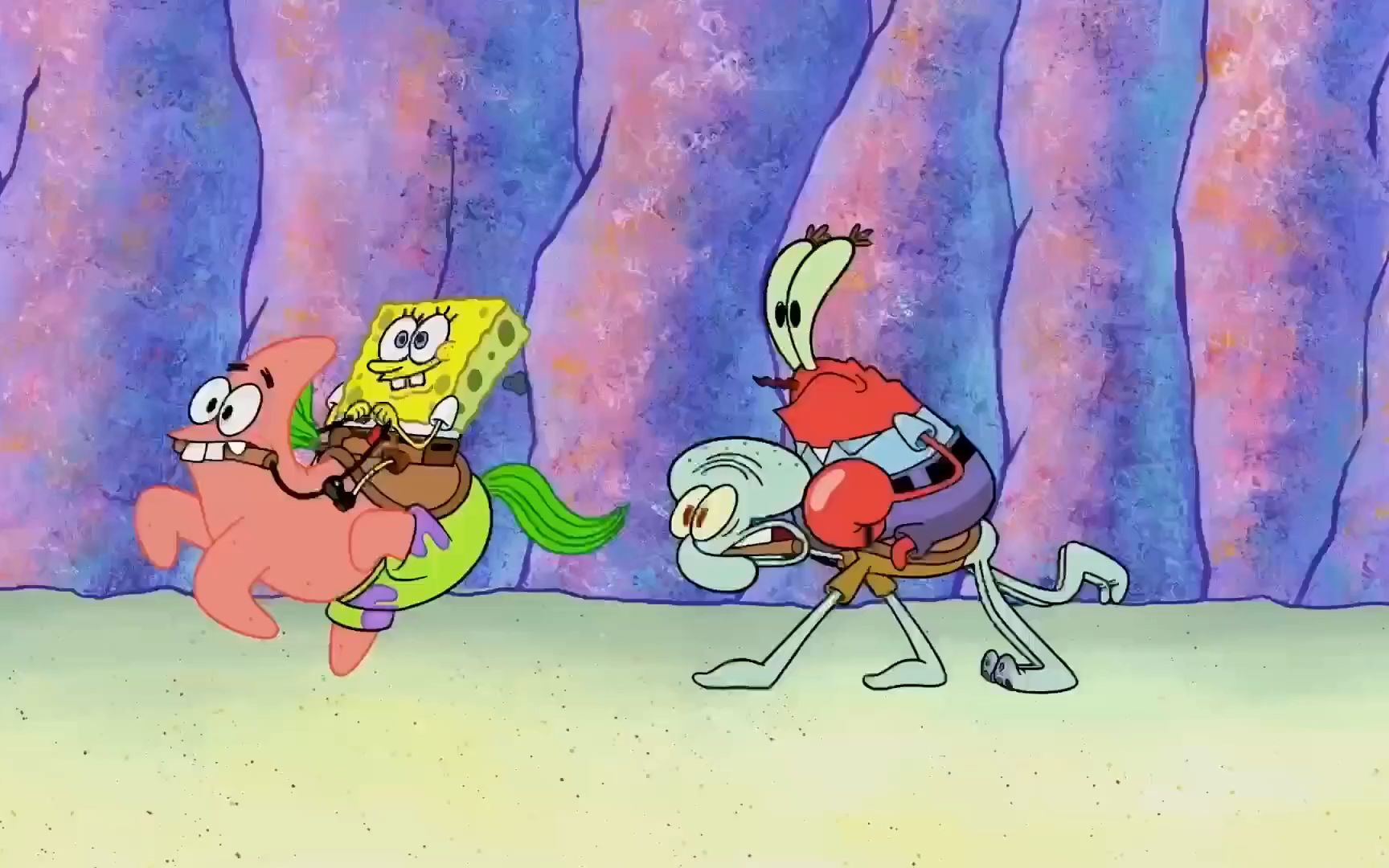 蟹老板为了赚小孩子的钱,竟然把章鱼哥和派大星当成马来骑,动画