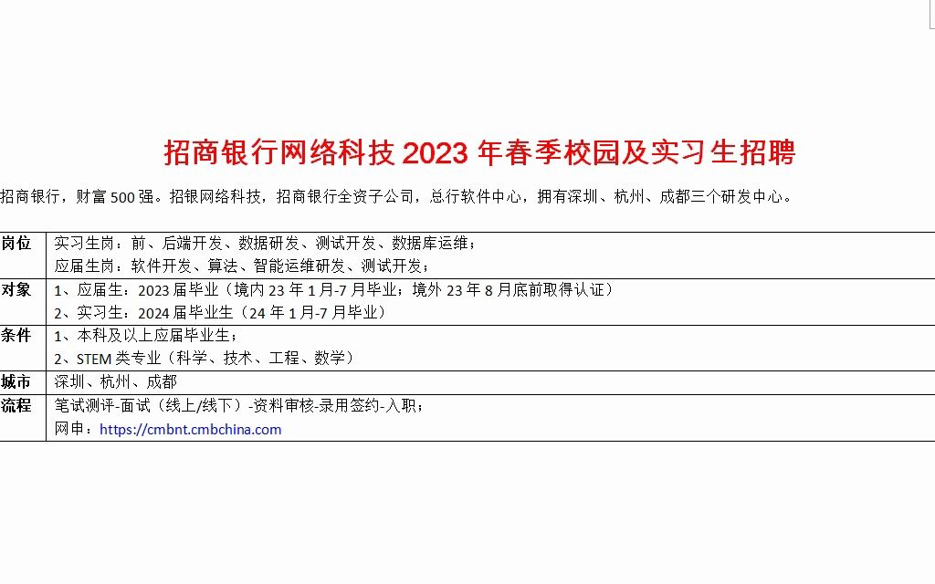 招商银行网络科技2023年春季校园及实习生招聘,财富500强哔哩哔哩bilibili