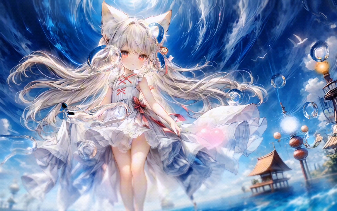 狐仙小姐,晴空,海滩.(ai绘画)(动态壁纸)