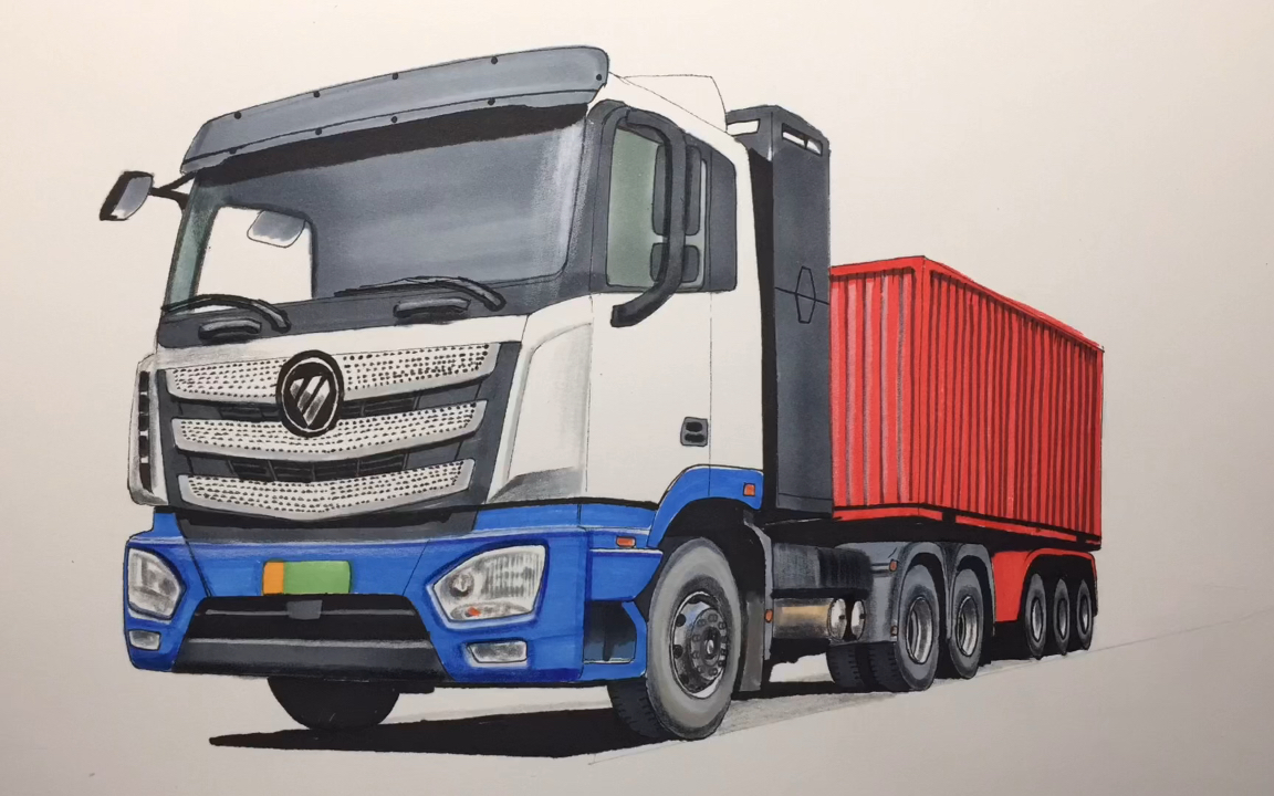 手绘福田电动卡车半挂车:清洁能源的未来