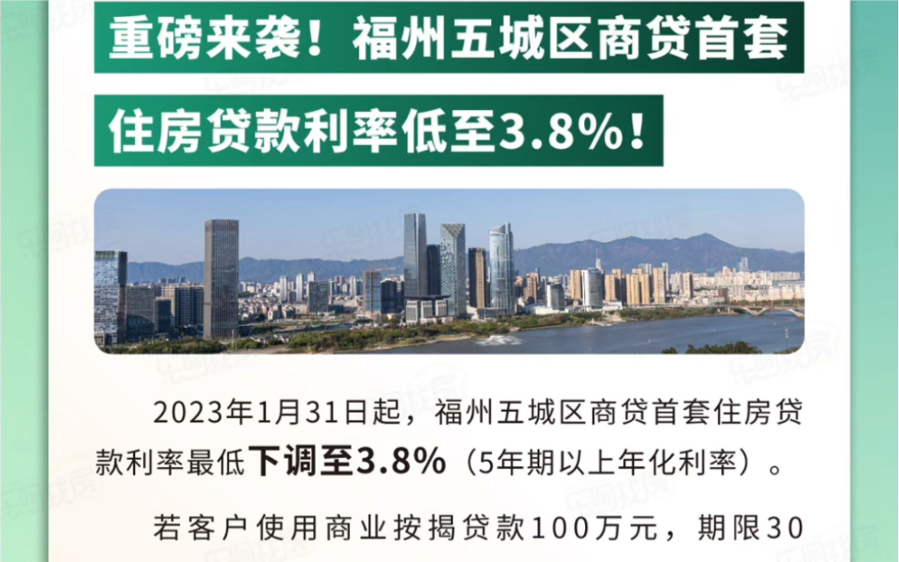 自2023年1月31起福州按揭贷款首套下调50个基点,即执行利率为3.8%(原为4.1%)福州按揭贷款二套上调60个基点,即执行利率为4.9%(未变动)哔哩...