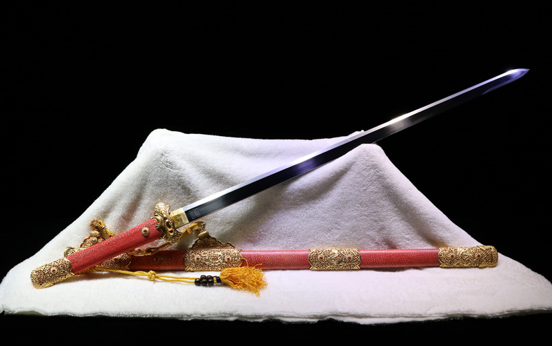 师周正武龙泉剑之锻包钢敷土烧刃新版豪华装红鱼皮鞘诸刃造唐刀(72)