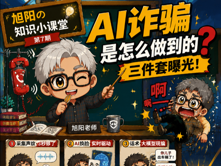 旭阳小课堂：现在骗子也用AI提效了 ，身处于AI的环境里，我们该如何防范？海报