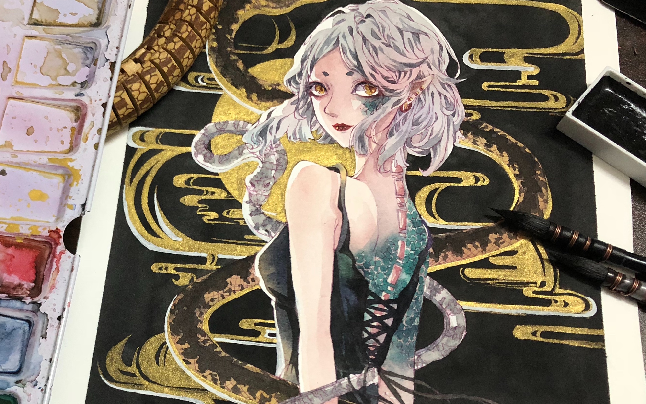 水彩手绘想画出一位很霸气但现实却有点温柔的蛇美人酥饼蜀黍