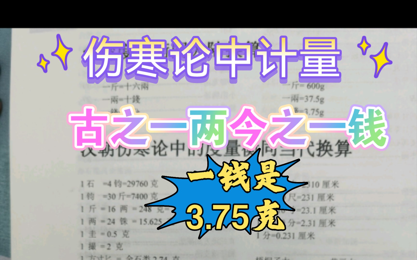 伤寒论中的计量浅谈,古之一两今之一钱中古是汉朝以前,今是明清时代,也就是汉朝伤寒论中1两是现在1钱,也就是3.75克哔哩哔哩bilibili