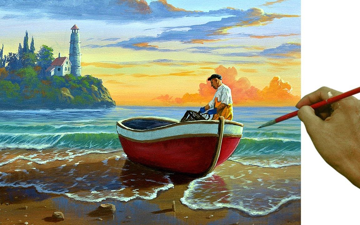 【丙烯画】【绘画教程】红色小船上的渔夫Fisherman on Red Boat JmLisondra哔哩哔哩bilibili