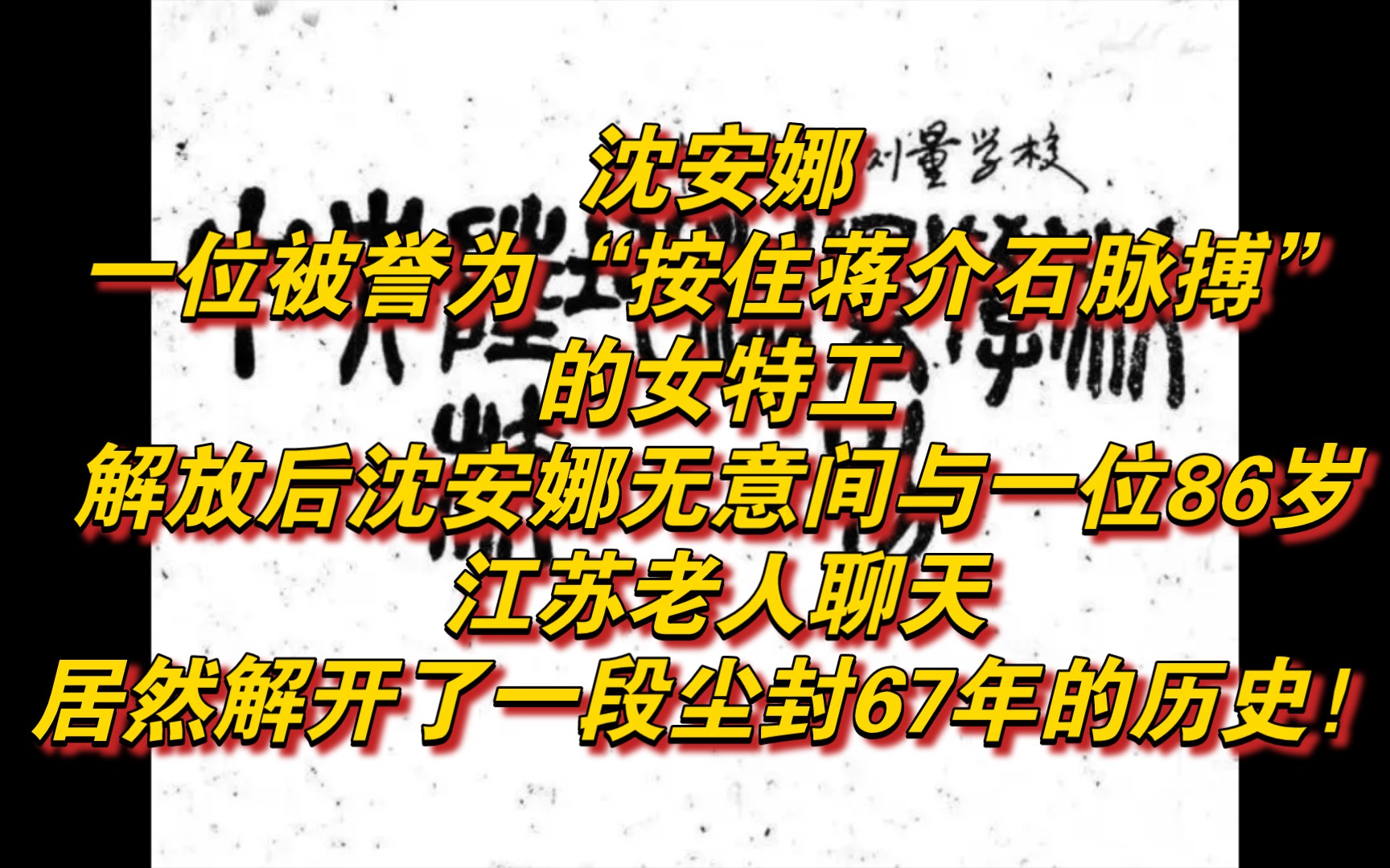 沈安娜,一位被誉为“按住蒋介石脉搏”的女特工!解放后沈安娜与一位86岁江苏老人聊天,解开了一段尘封67年的历史!哔哩哔哩bilibili