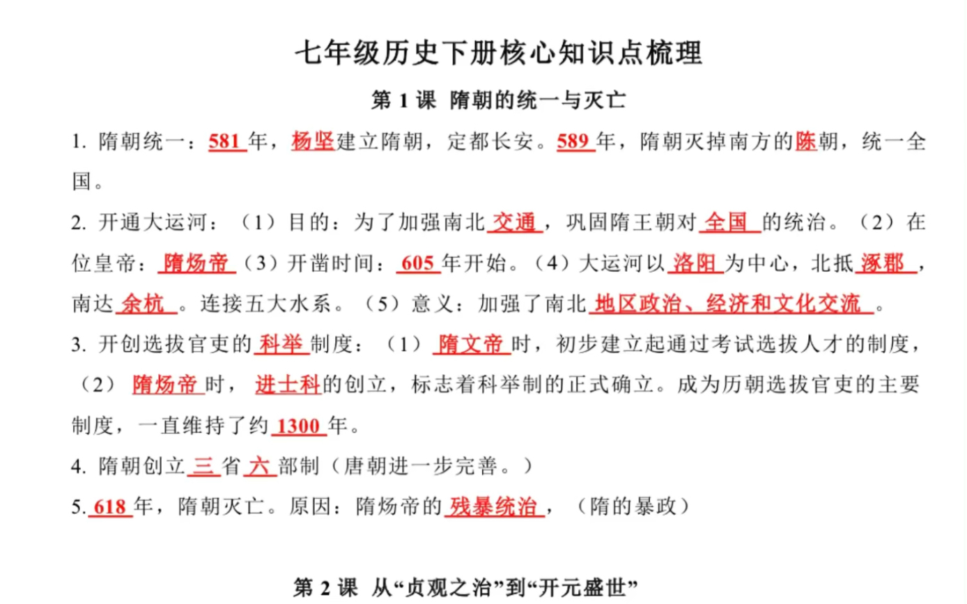 七年级下册历史预习要点总结#知识点总结
