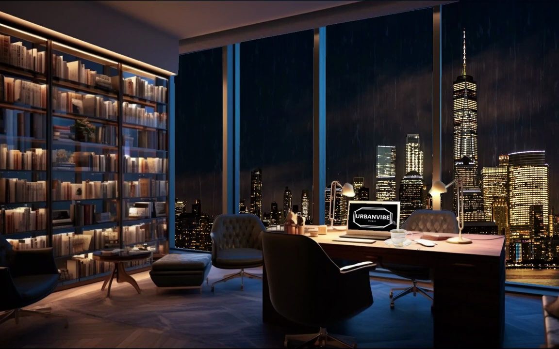 [4k] 纽约豪华公寓窗外下雨|办公室专注氛围|适合工作阅读|曼哈顿夜景