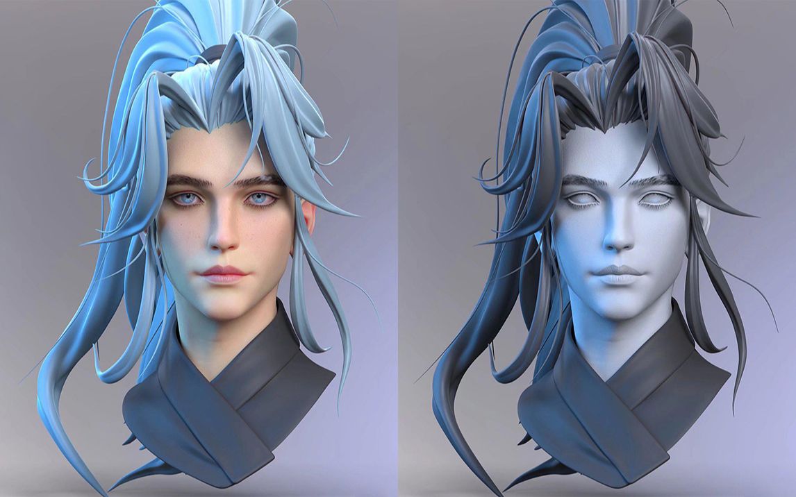 【zbrush雕刻】次世代角色“男头”模型雕刻,ZB人物建模/头发上色技巧及方法哔哩哔哩bilibili