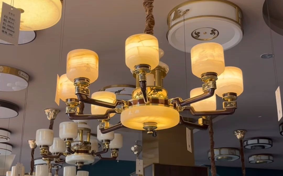 新中式别墅客厅餐厅吊灯复古中国风全铜玉石灯家用大气云石灯