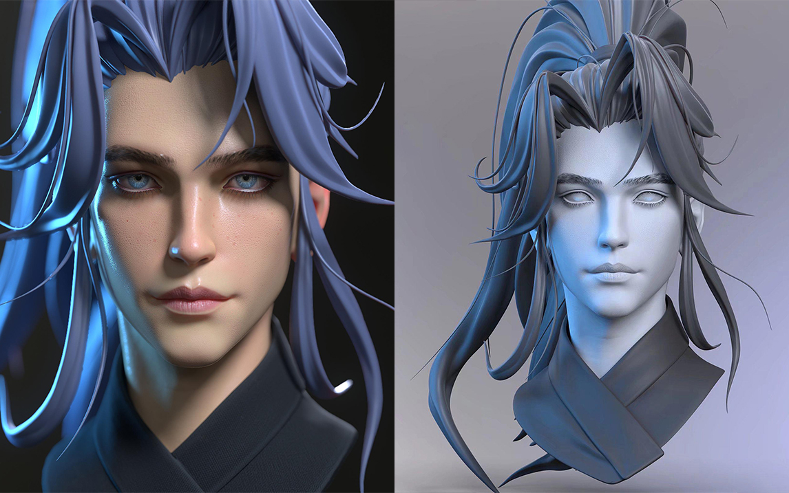 【zbrush】高精度次世代角色"男头"模型雕刻,zbrush人物建模,zb头发