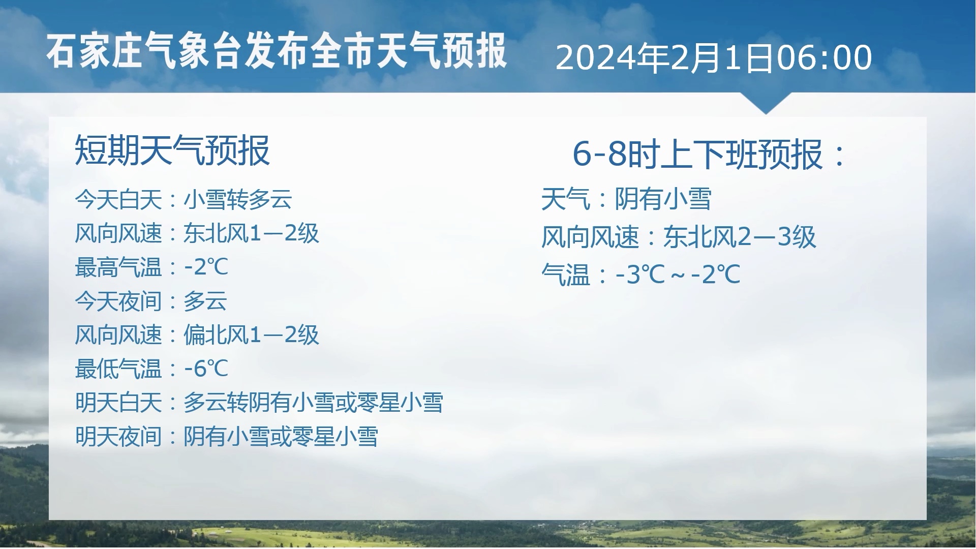 石家庄气象台2月1日发布全市天气预报
