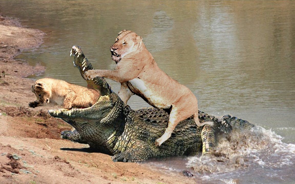 狮子妈妈带俩小狮子过河,结果被鳄鱼叼走了一只_哔哩哔哩_bilibili