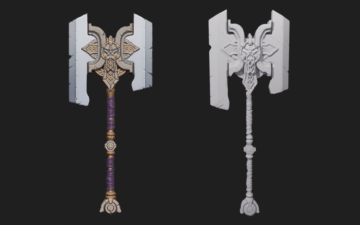 3dmax zbrush雕刻:次世代高模"板斧"武器模型制作,3dmax低模布线,zb高