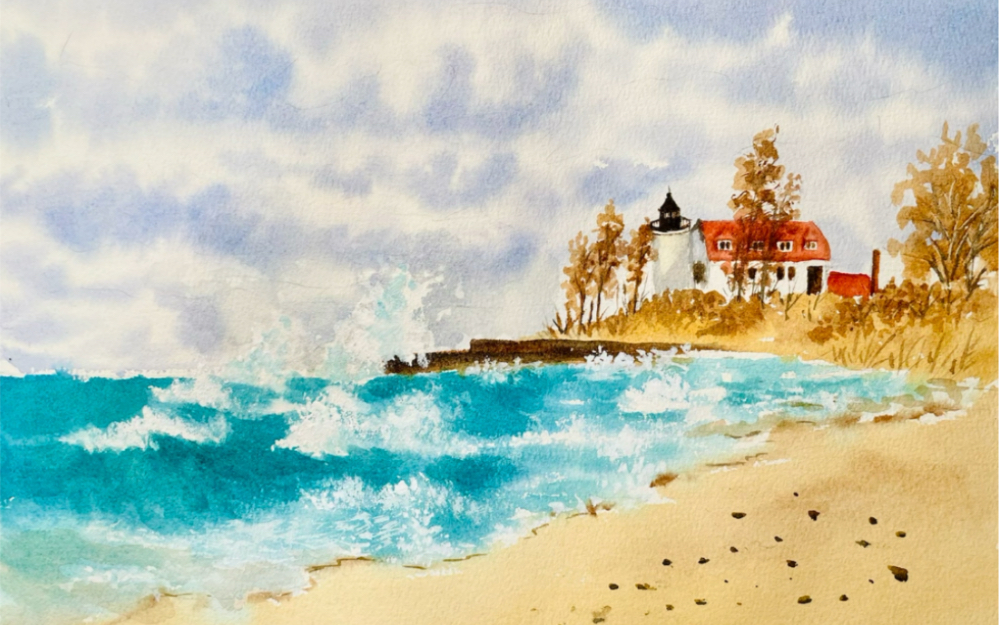 水彩风景——海边灯塔