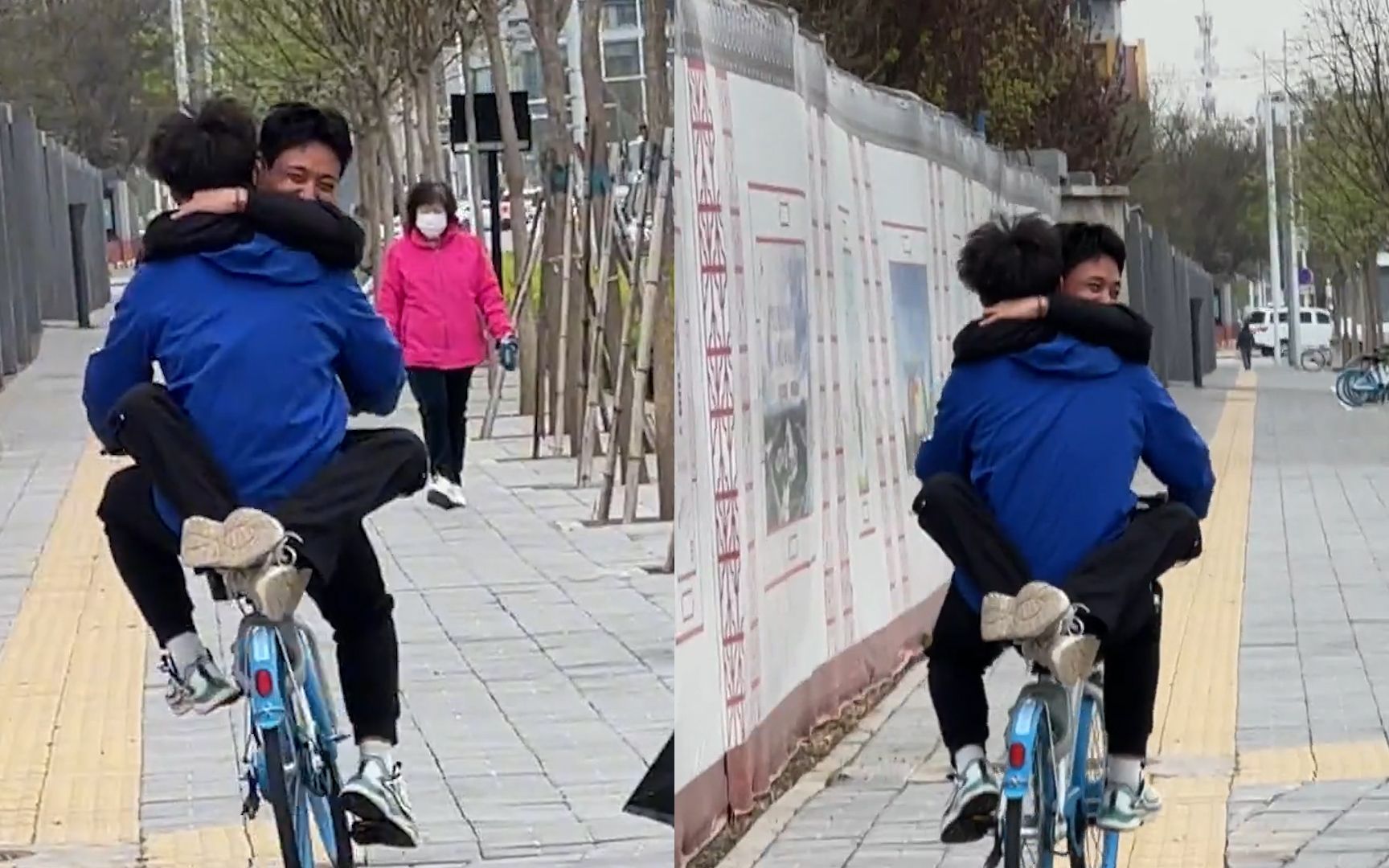 俩男生在大街上共骑一辆单车,紧盘腰部搂脖脸通红,路人表情亮了