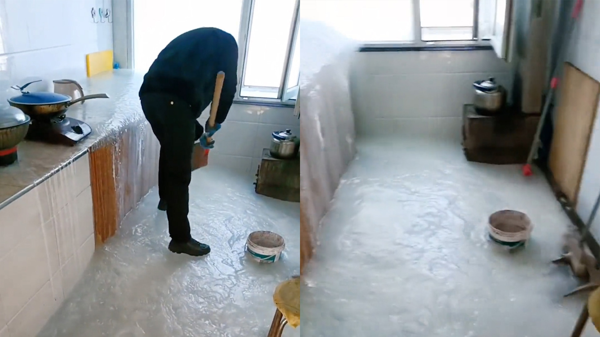 水管冻破后厨房一晚变"白玉殿",主人用电钻清理:惊讶又头疼