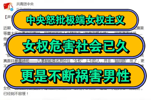 中央怒批极端女权主义,危害社会已久,更是不祸害男性!哔哩哔哩bilibili