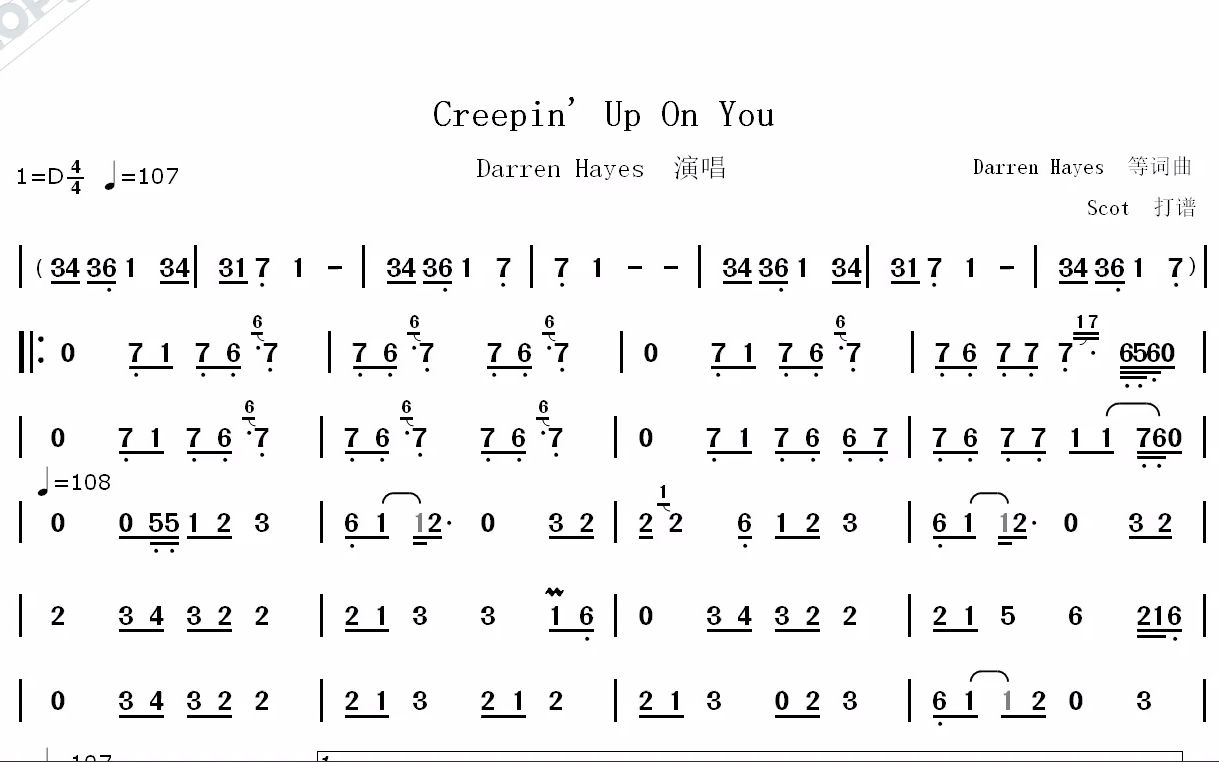 [图]Creepin' Up On You（Darren Hayes演唱）--动态简谱