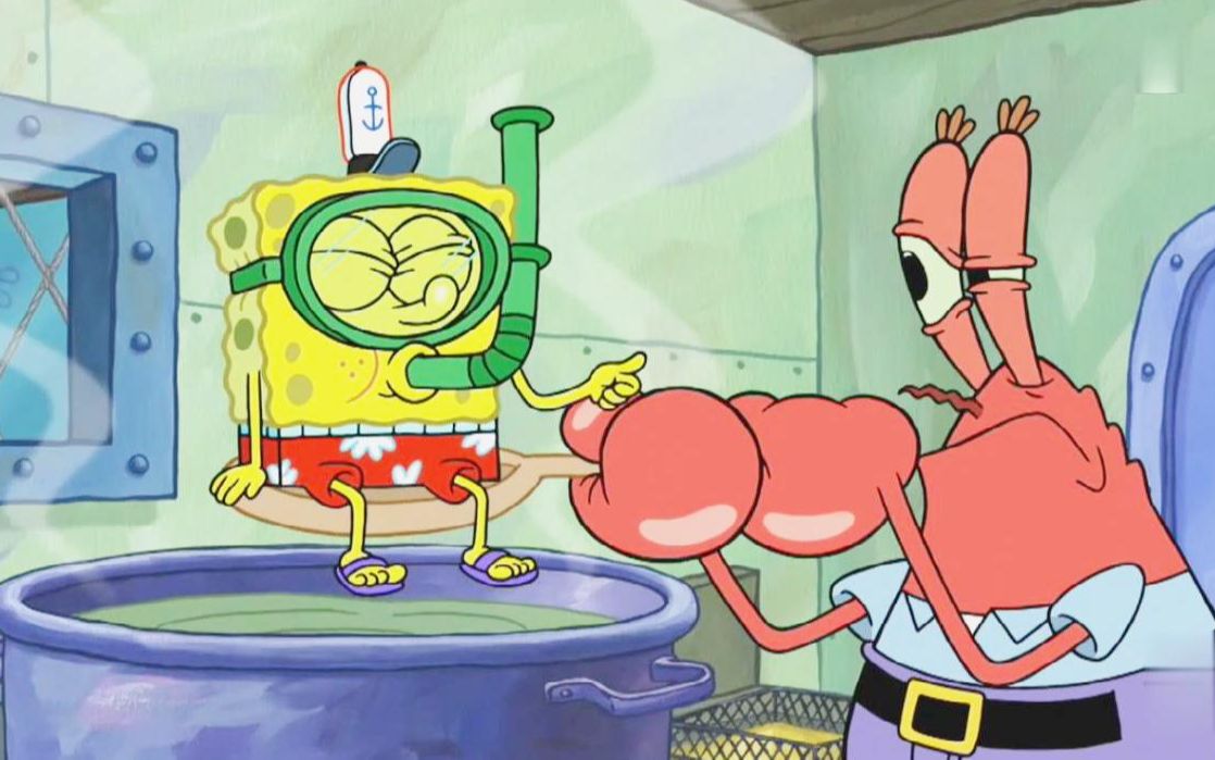 海绵宝宝开始整活了!穿着潜水装备潜到热汤里,快被烫熟了!