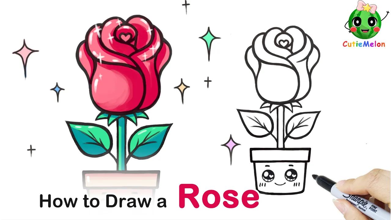 儿童简笔画玫瑰花𐟌𙈯w to Draw a Rose step by step|Cute Flower|Easy Drawings for kids【西瓜宝哔哩哔哩bilibili