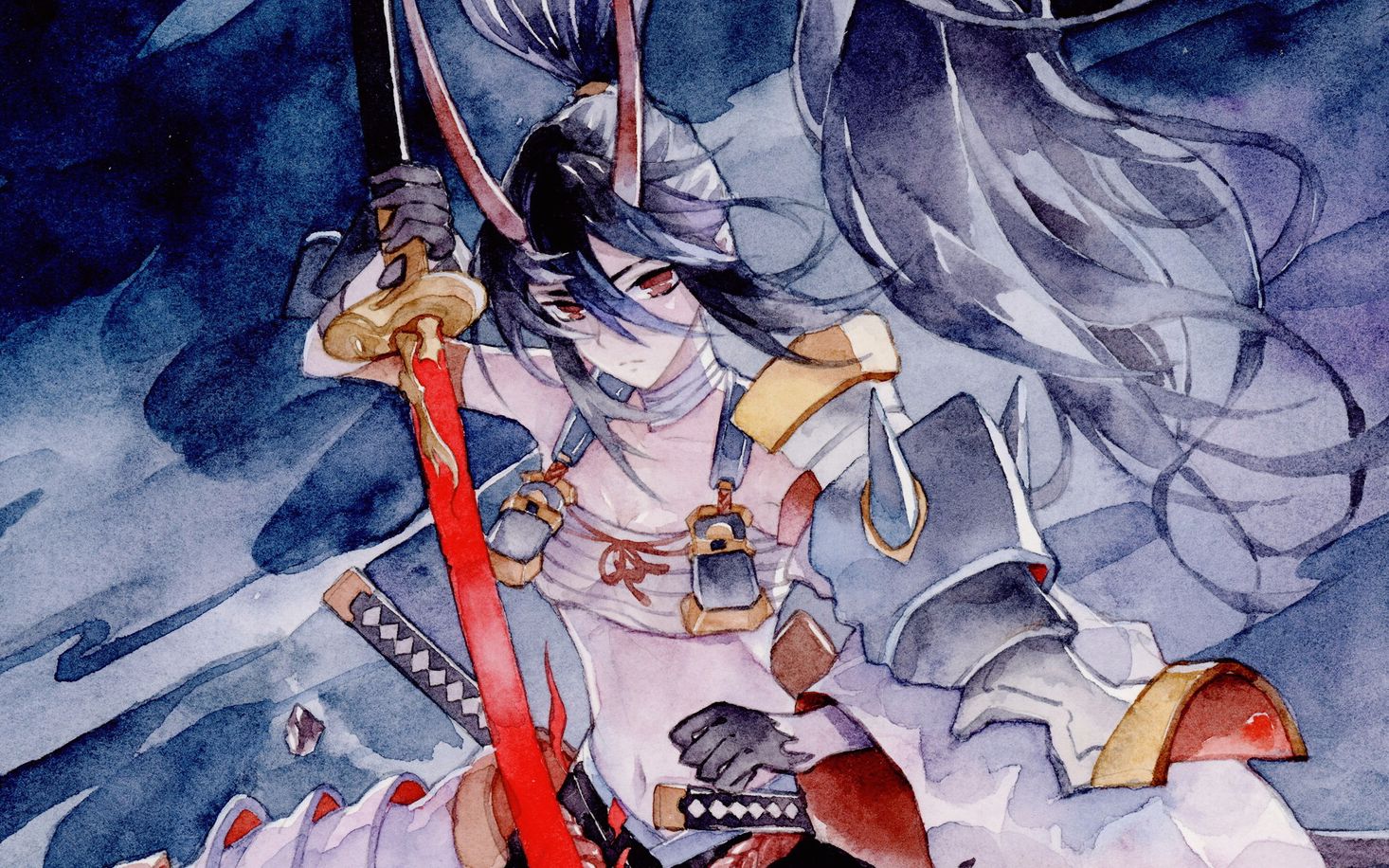 手绘水彩黑夜中的赤影妖刀姬上色过程