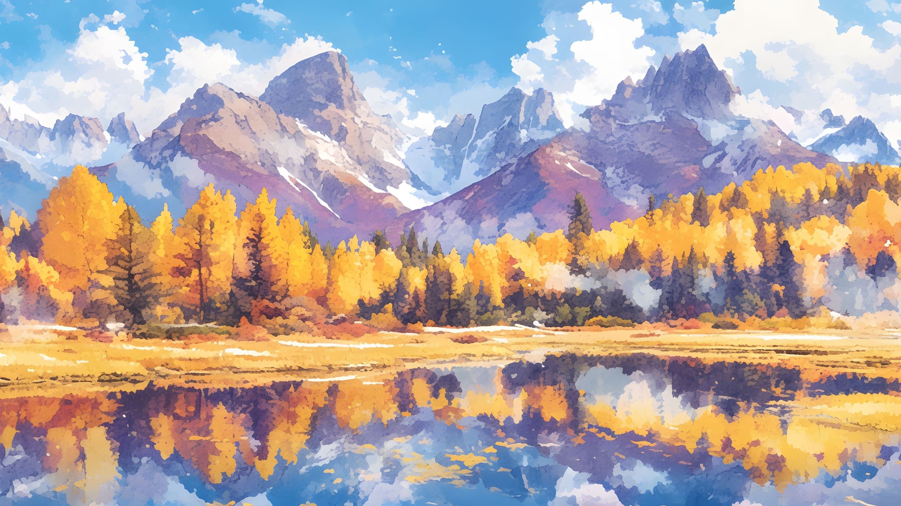 【壁纸分享】水彩风雪山风景