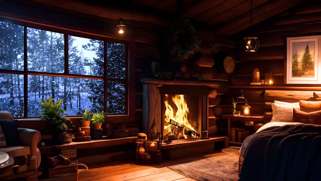 冬季温馨木屋氛围寒风呼啸柴火噼啪作响声适合入睡