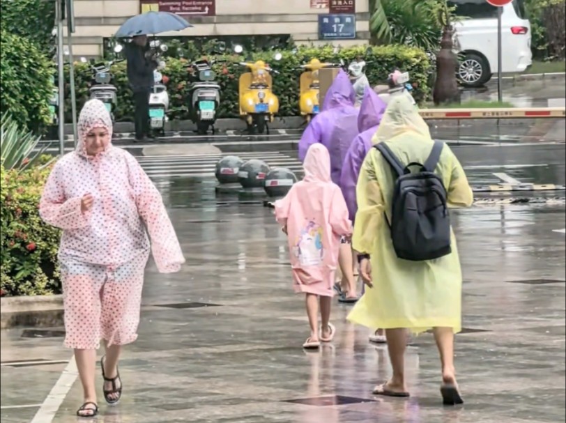 继昨日#三亚暴雨 之后,今天上午下起了淅沥小雨,住在酒店的外宾穿着雨衣结伴而行,别有一番体验. #三亚宝宏大酒店 #三亚宝宏尚海华廷精品酒店 离海...