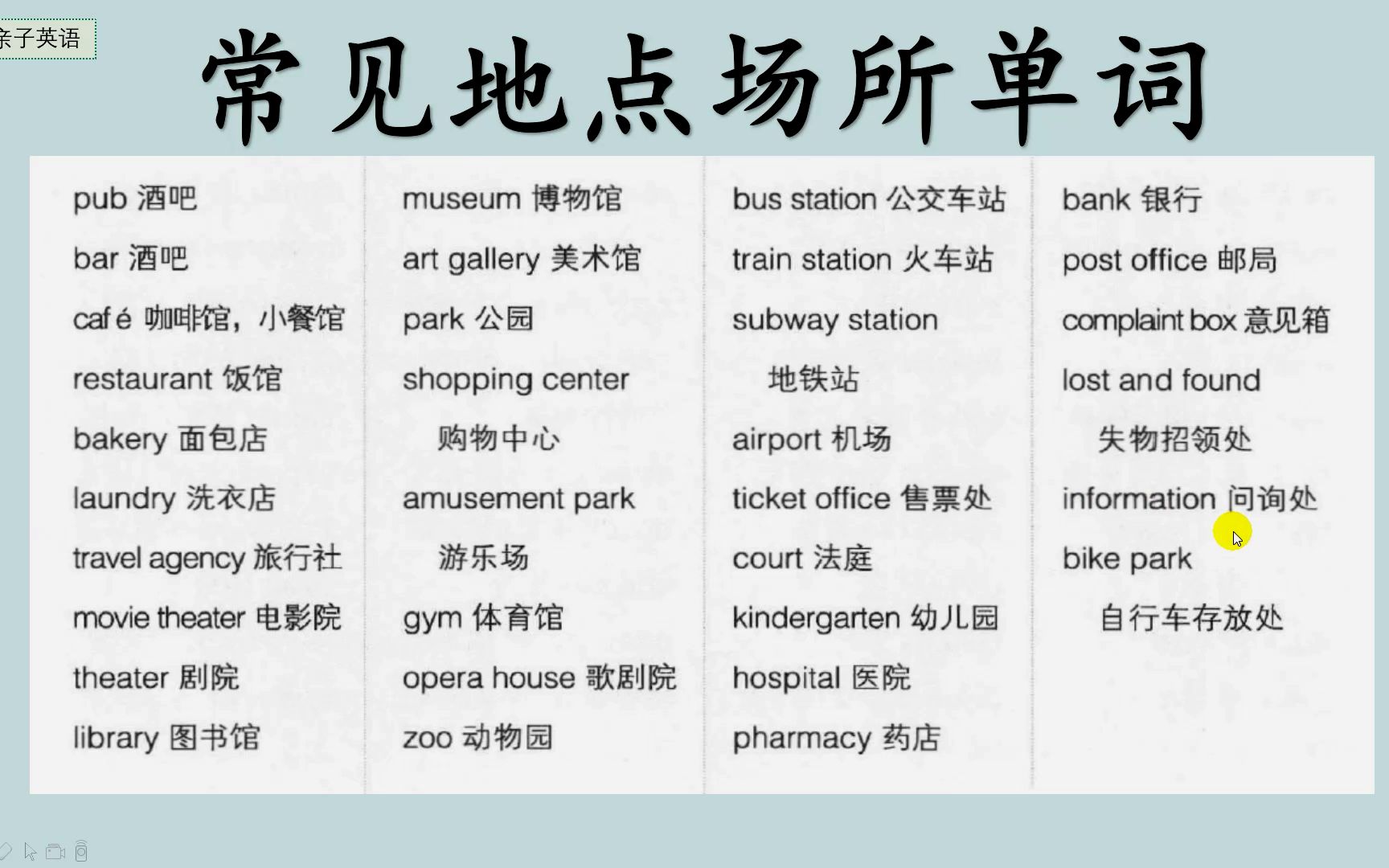 日常实用分类单词跟读,常见地点场所词汇美音领读!哔哩哔哩bilibili