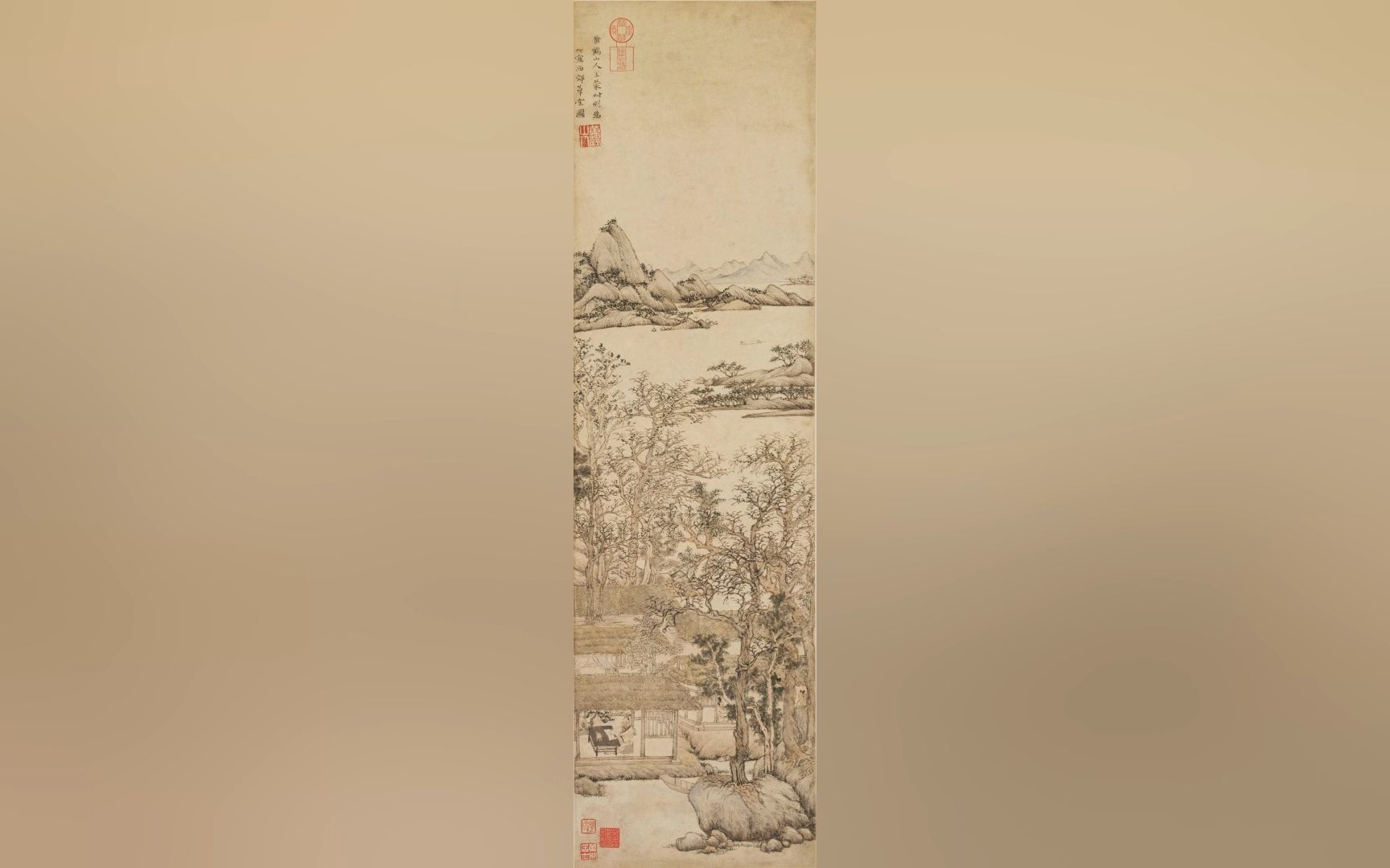 元 王蒙 西郊草堂图 高清国画原作细节欣赏 全图笔墨工细秀逸,构图