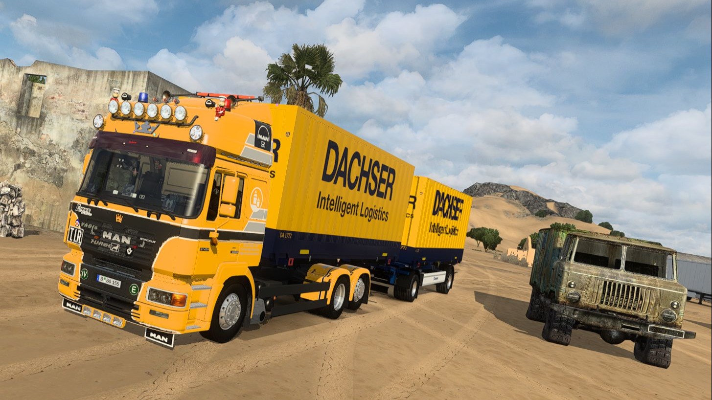 欧洲卡车模拟2驾驶man f2000全挂在非洲运输屋面瓦