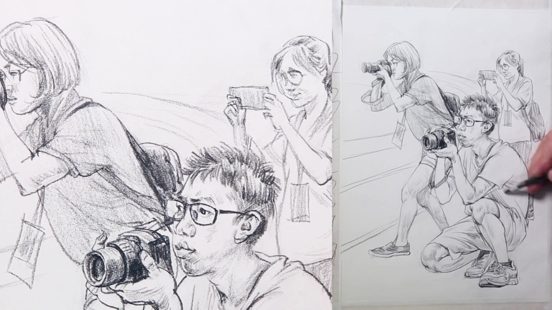 高级场景速写一个男青年和两个女青年在拍照