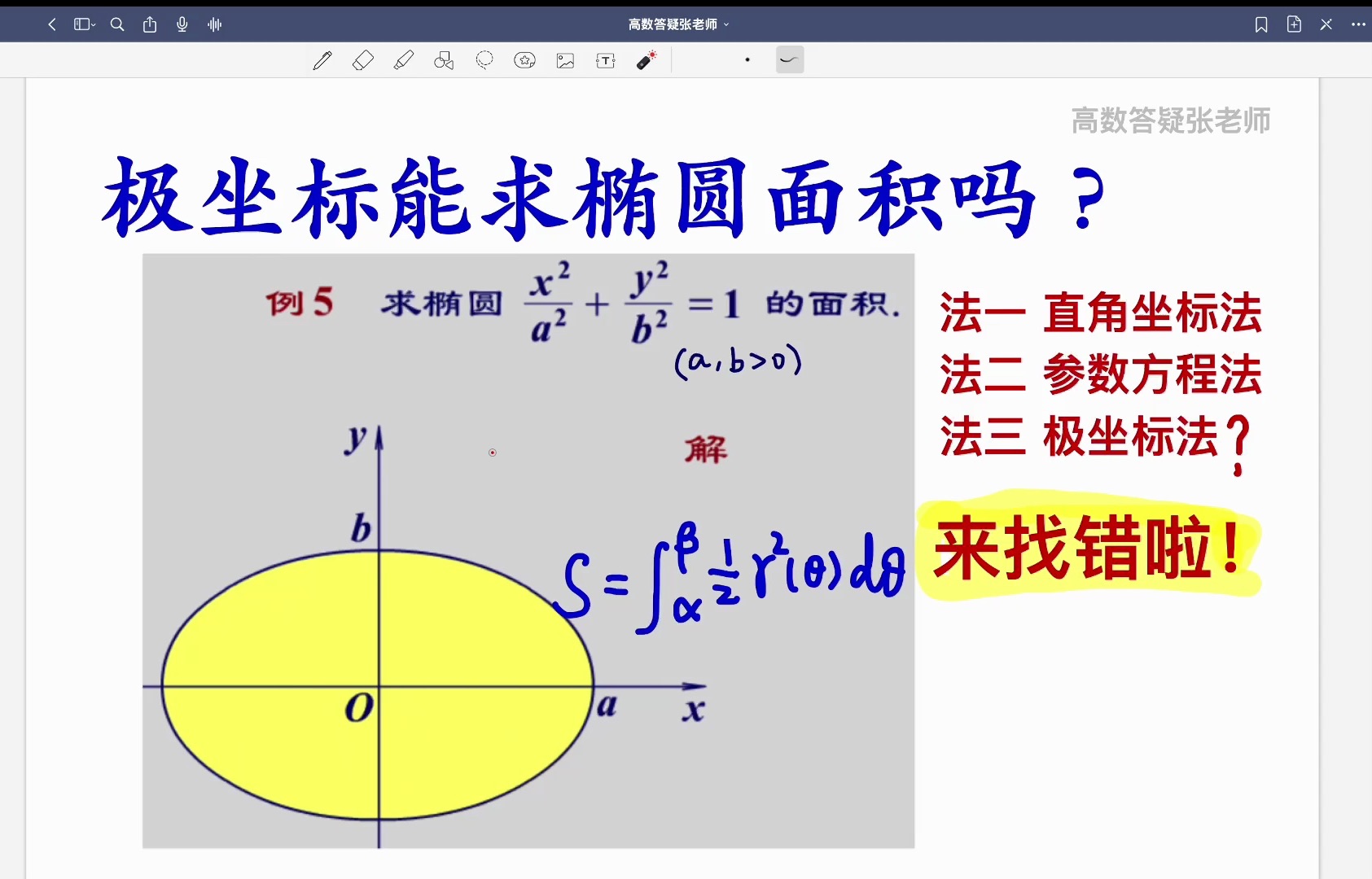 易错543(来找错!) 极坐标能求椭圆的面积吗?四种方法求椭圆的面积 广义积分求面积?哔哩哔哩bilibili