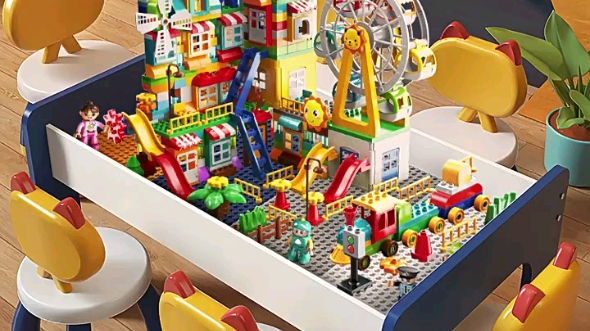 梦启点儿童积木桌子大颗粒男孩3岁宝宝2益智拼装多功能木质玩具台!