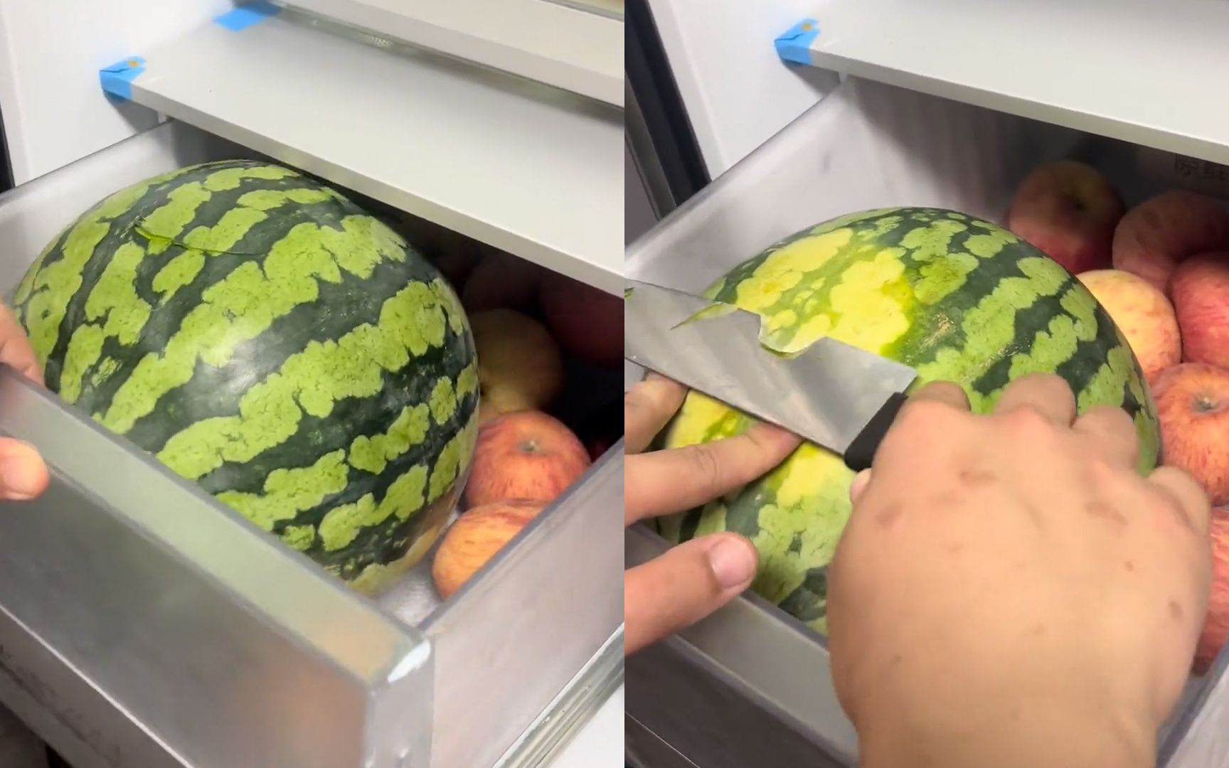 男子冰镇西瓜冰箱却放不下,翻来覆去拿刀比划,灵机一动一招解决