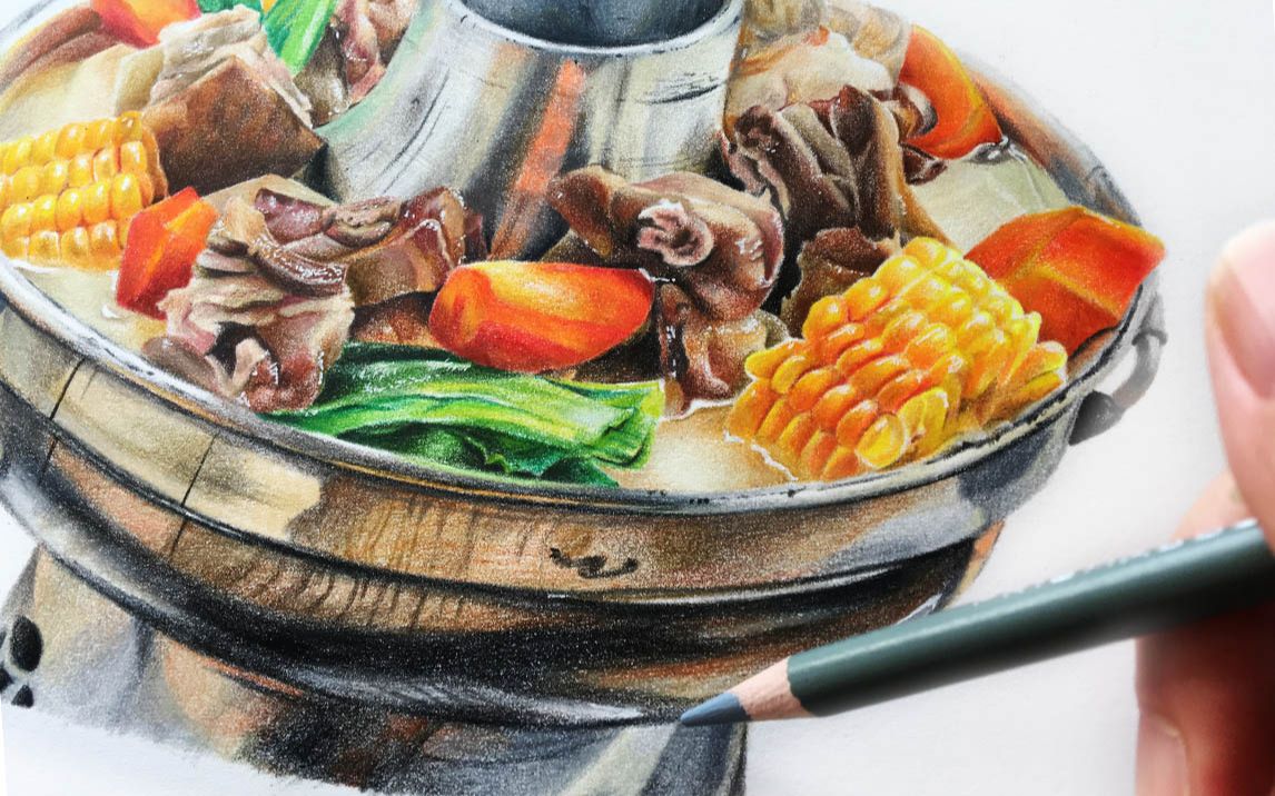 彩铅画出不锈钢锅具的反光质感羊肉火锅下