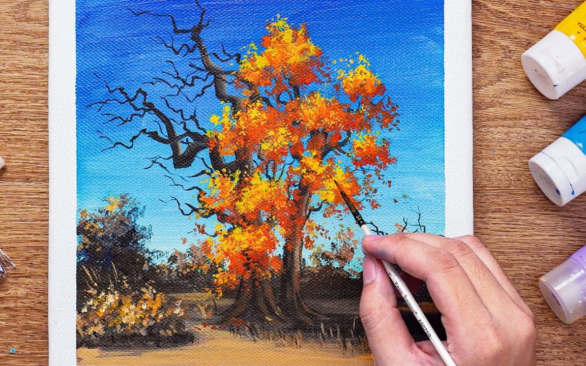 【丙烯画】【绘画教程】秋天的树Autumn Tree Landscape哔哩哔哩bilibili