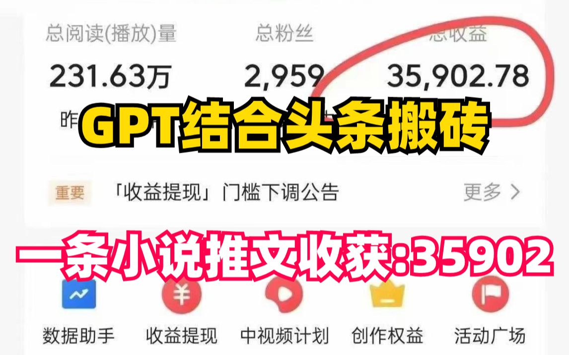 头条智能搬砖,gpt半自动搞钱,30天收获35902,思路操作亲妈级解析!哔哩哔哩bilibili