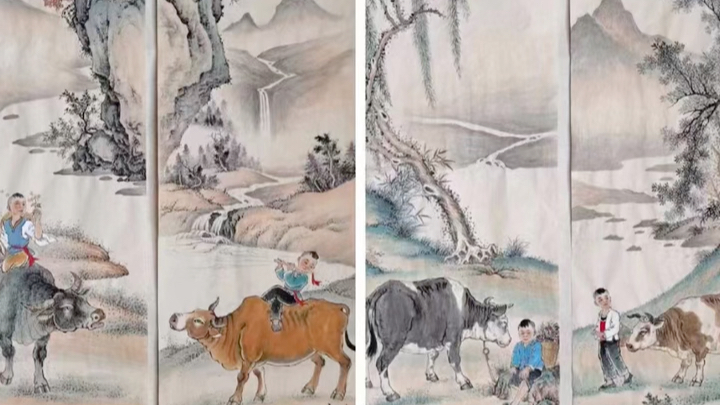 [图]画家汤希忠田园山水画，汤希忠山水画四条屏欣赏