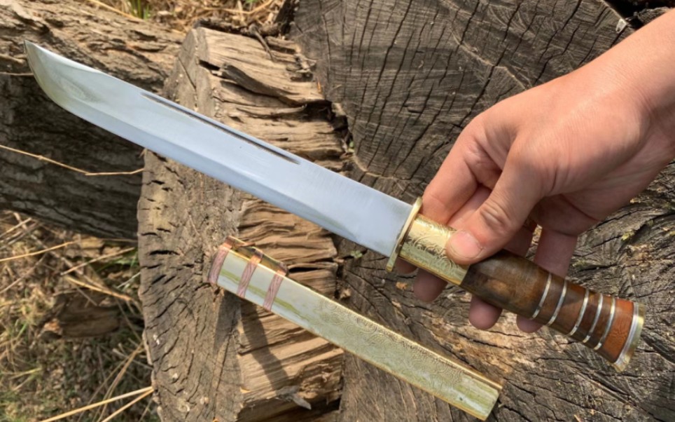 保安族手工轴承钢锻打纯铜装枣木柄猎刀实操野外砍树枝