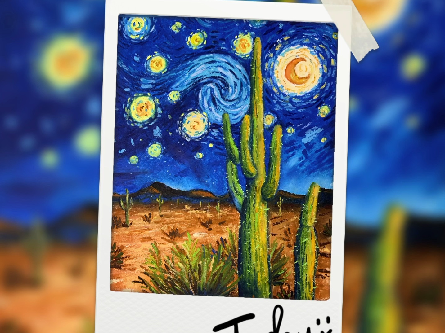 油画棒 星月夜下的仙人掌