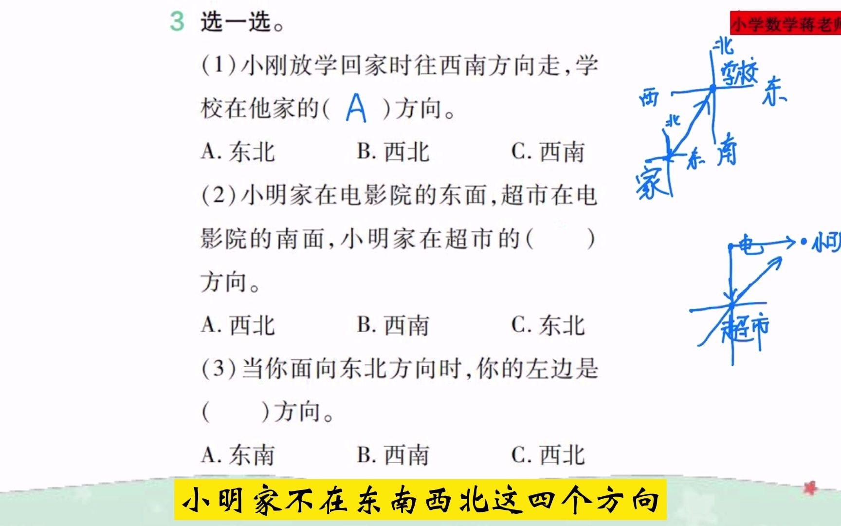 [图]三年级数学下册：第3课《认识东北、西北、东南、西南》难点题目讲解