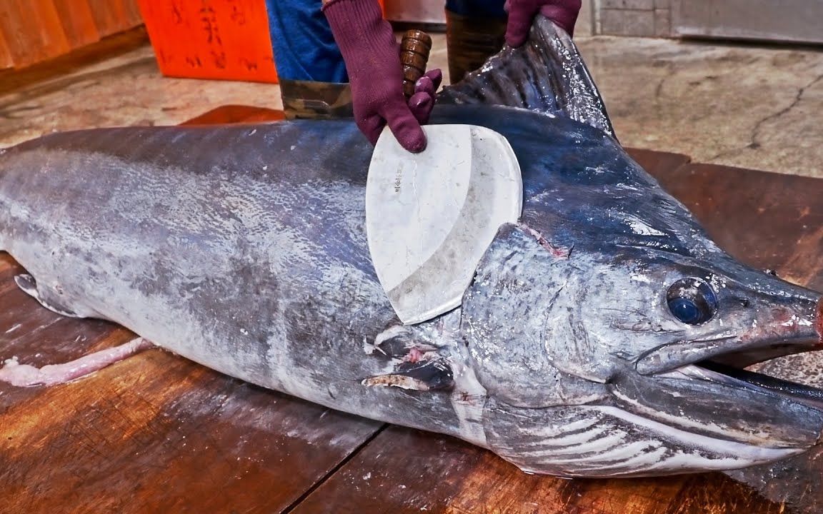 台湾省宰杀剑鱼,目测有300多斤的巨物,被牛人用专用刀法切割